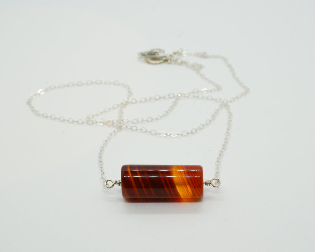 Sterling Silver Necklace with Fire Agate Cylinder